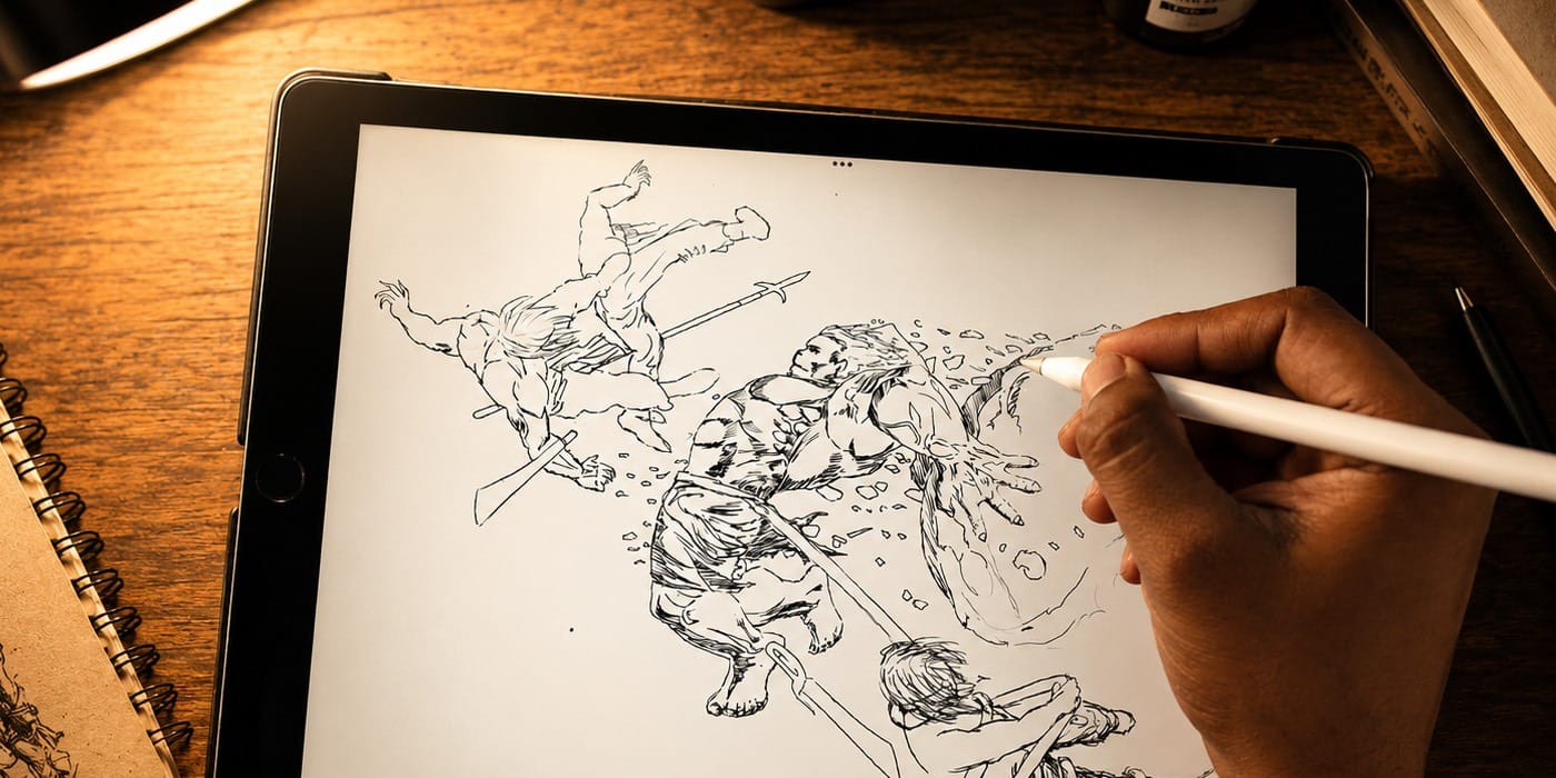 Initial pencil sketches for a devotional illustration in the Hanuman Chalisa art book