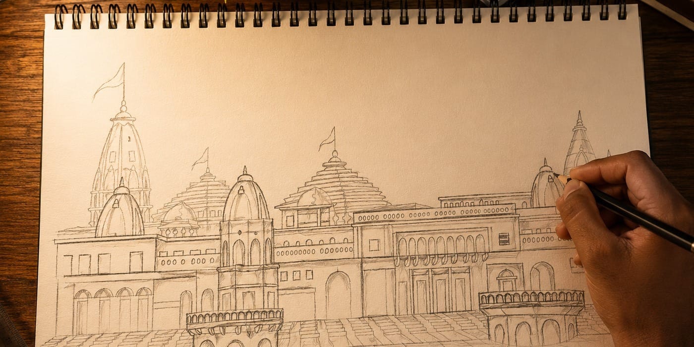 Initial architectural Ram Mandir sketch for special edition Diwali sweet box packaging design