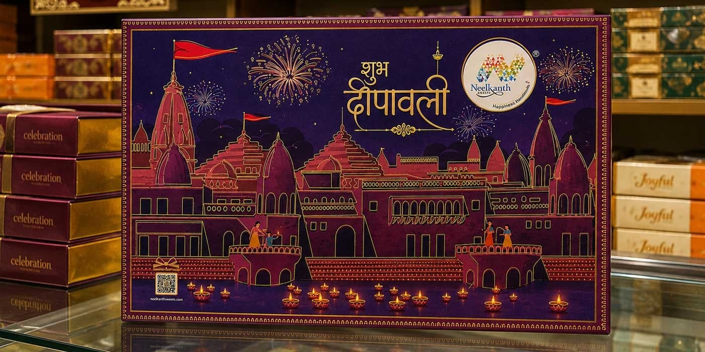 Transition of Ram Mandir illustration into heritage branding design for festive packaging